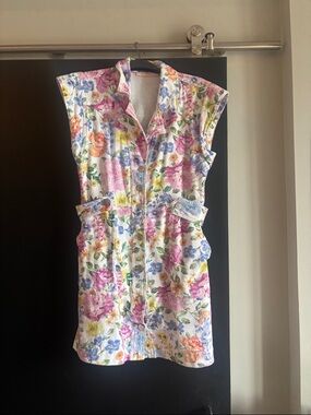 Vici White Floral Button-Front Mini Dress with Pink, Blue & Yellow Blooms